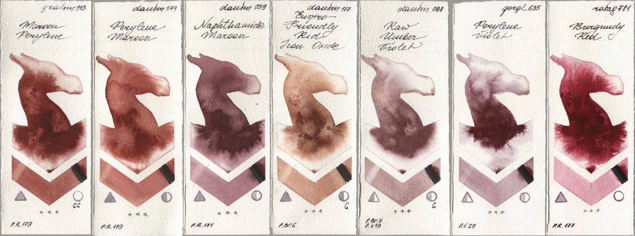 M. Graham & Co. Artists 113 Maroon Perylene, Daniel Smith 074 Perylene Maroon, 059 Naphthamide Maroon, 177 Enviro-Friendly Red Iron Oxide, 098 Raw Umber Violet, Golden QOR 635 Perylene Violet, Rosa Gallery 781 Burgundy R watercolor swatch