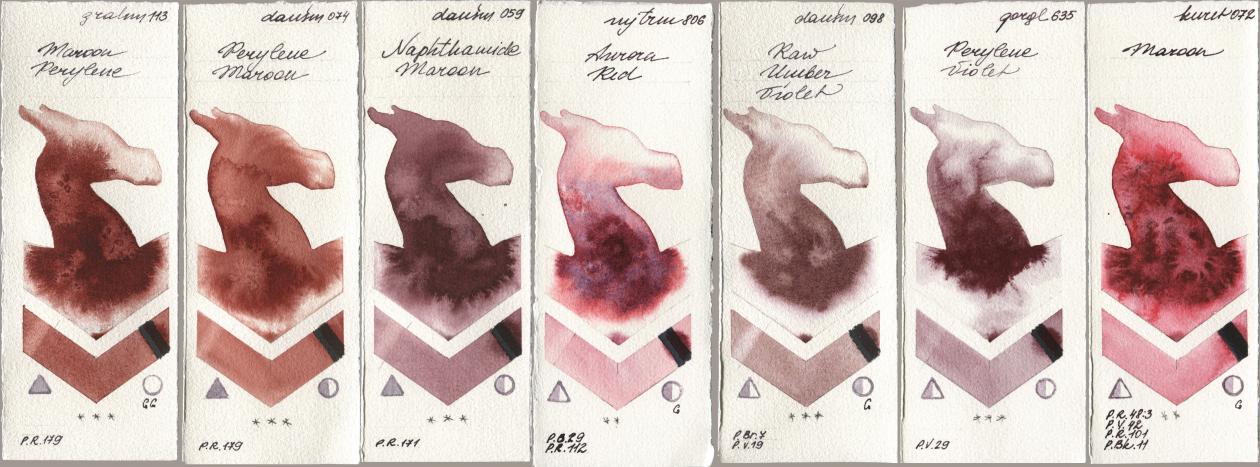 M. Graham & Co. Artists 113 Maroon Perylene, Daniel Smith 074 Perylene Maroon, 059 Naphthamide Maroon, Mijello Mission Gold 806 Aurora Red, 098 Raw Umber Violet, Golden QOR 635 Perylene Violet, Kuretake Gansai Tambi 072 Maro watercolor swatch