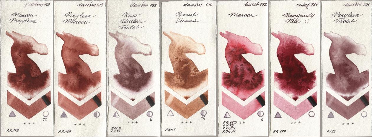 M. Graham & Co. Artists 113 Maroon Perylene, Daniel Smith 074 Perylene Maroon, 098 Raw Umber Violet, 010 Burnt Sienna, Kuretake Gansai Tambi 072 Maroon, Rosa Gallery 781 Burgundy Red, 201 Perylene Viol watercolor swatch
