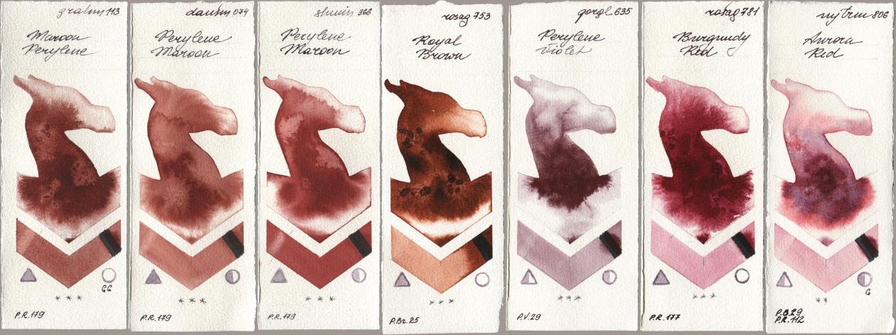 M. Graham & Co. Artists 113 Maroon Perylene, Daniel Smith 074 Perylene Maroon, Shminke Horadam Aquarell 366 Perylene Maroon, Rosa Gallery 753 Royal Brown, Golden QOR 635 Perylene Violet, 781 Burgundy Red, Mijello Mission Gold 806 Aurora R watercolor swatch