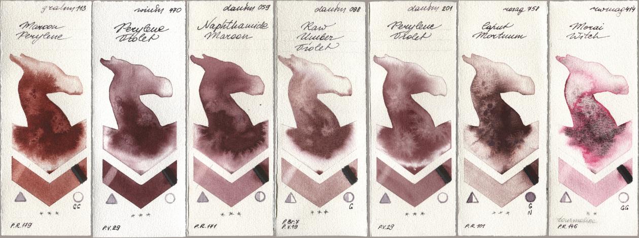 M. Graham & Co. Artists 113 Maroon Perylene, Winsor & Newton Professional 470 Perylene Violet, Daniel Smith 059 Naphthamide Maroon, 098 Raw Umber Violet, 201 Perylene Violet, Rosa Gallery 758 Caput Mortuum, Rockwell 414 Morai Wit watercolor swatch