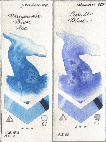 M. Graham & Co. Artists 114 Manganese Blue Hue, Daniel Smith 025 Cobalt Bl watercolor swatch