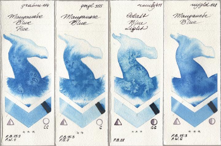 M. Graham & Co. Artists 114 Manganese Blue Hue, Golden QOR 355 Manganese Blue, Roman Szmal Aquarius 411 Cobalt Blue Light, Mijello Mission Gold 548 Manganese Bl watercolor swatch