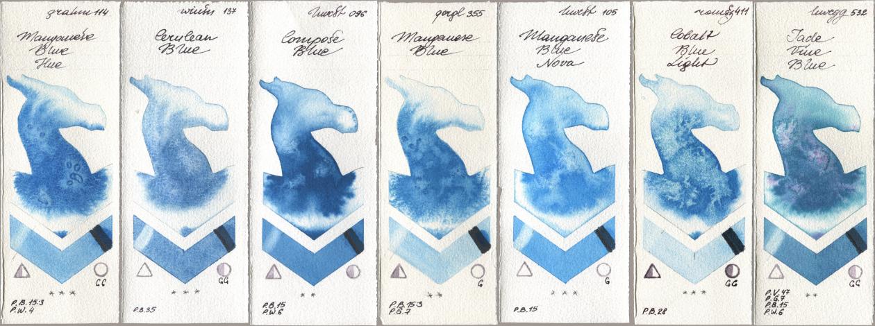 M. Graham & Co. Artists 114 Manganese Blue Hue, Winsor & Newton Professional 137 Cerulean Blue, Holbein Artists Watercolor 096 Compose Blue, Golden QOR 355 Manganese Blue, 105 Manganese Blue Nova, Roman Szmal Aquarius 411 Cobalt Blue Light, 532 Jade Vine Bl watercolor swatch