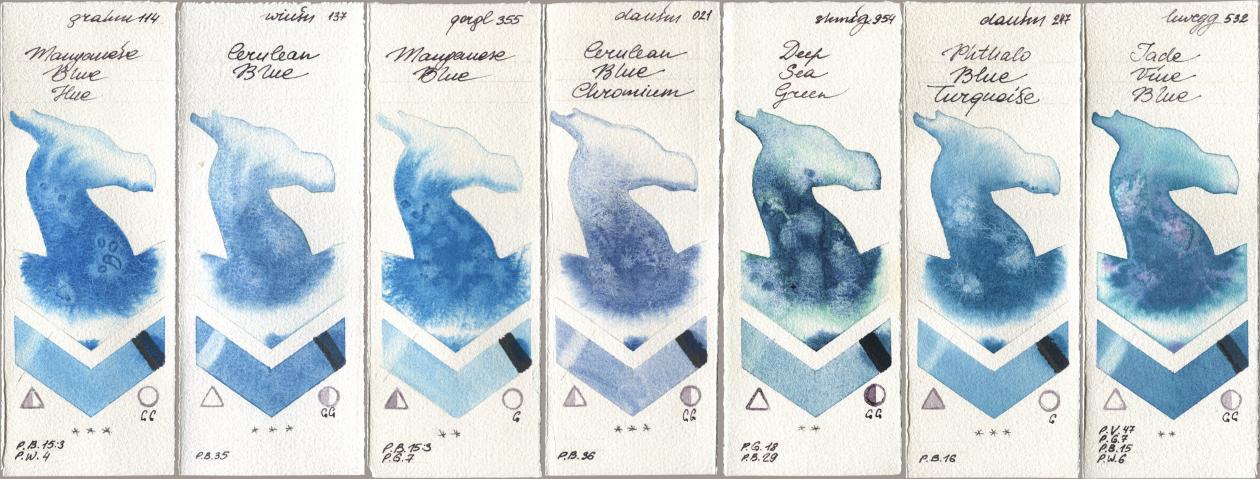 M. Graham & Co. Artists 114 Manganese Blue Hue, Winsor & Newton Professional 137 Cerulean Blue, Golden QOR 355 Manganese Blue, Daniel Smith 021 Cerulean Blue Chromium, Shminke Horadam Aquarell 954 Deep Sea Green, 247 Phthalo Blue Turquoise, Holbein Artists Watercolor 532 Jade Vine Bl watercolor swatch