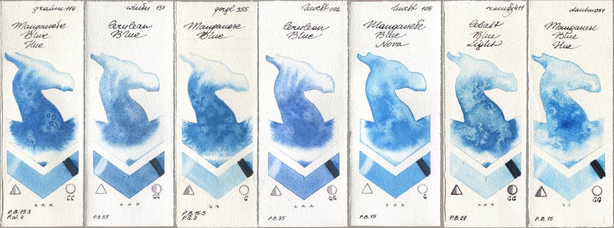 M. Graham & Co. Artists 114 Manganese Blue Hue, Winsor & Newton Professional 137 Cerulean Blue, Golden QOR 355 Manganese Blue, Holbein Artists Watercolor 092 Cerulean Blue, 105 Manganese Blue Nova, Roman Szmal Aquarius 411 Cobalt Blue Light, Daniel Smith 051 Manganese Blue H watercolor swatch