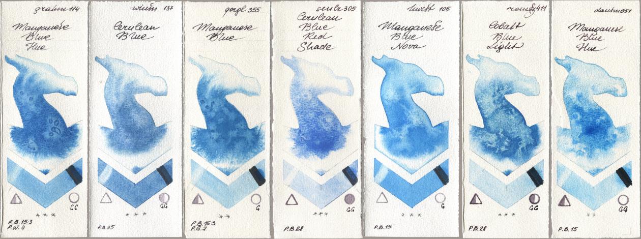 M. Graham & Co. Artists 114 Manganese Blue Hue, Winsor & Newton Professional 137 Cerulean Blue, Golden QOR 355 Manganese Blue, Sennelier l Aquarelle 305 Cerulean Blue Red Shade, Holbein Artists Watercolor 105 Manganese Blue Nova, Roman Szmal Aquarius 411 Cobalt Blue Light, Daniel Smith 051 Manganese Blue H watercolor swatch