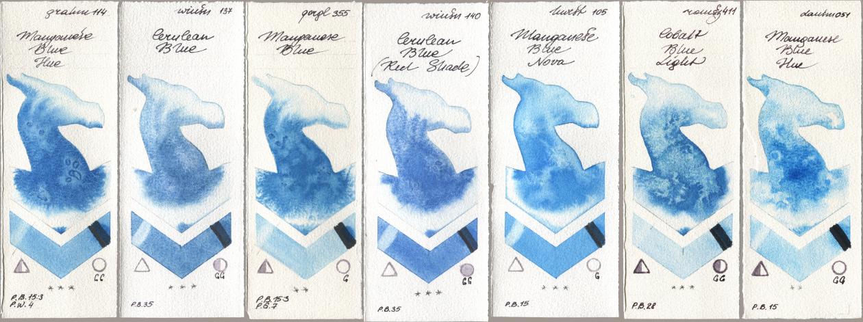 M. Graham & Co. Artists 114 Manganese Blue Hue, Winsor & Newton Professional 137 Cerulean Blue, Golden QOR 355 Manganese Blue, 140 Cerulean Blue (Red Shade), Holbein Artists Watercolor 105 Manganese Blue Nova, Roman Szmal Aquarius 411 Cobalt Blue Light, Daniel Smith 051 Manganese Blue H watercolor swatch