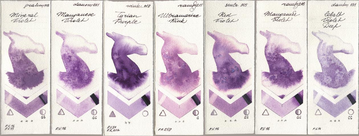 M. Graham & Co. Artists 116 Mineral Violet, Daniel Smith 261 Manganese Violet, Winsor & Newton Professional 419 Tyrian Purple, Roman Szmal Aquarius 215 Ultramarine Pink, Sennelier l Aquarelle 905 Red Violet, 216 Manganese Violet, 031 Cobalt Violet De watercolor swatch