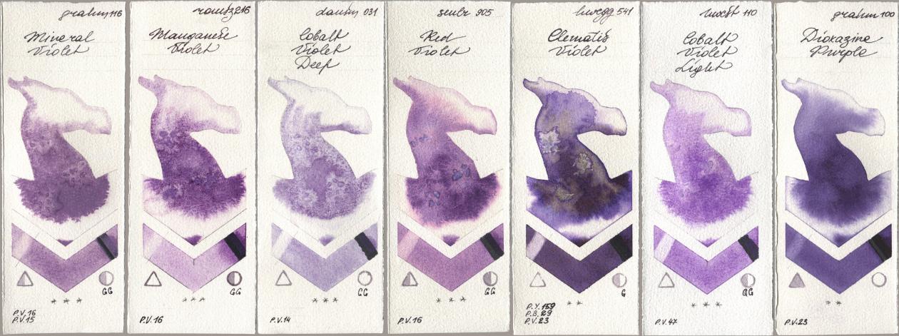 M. Graham & Co. Artists 116 Mineral Violet, Roman Szmal Aquarius 216 Manganese Violet, Daniel Smith 031 Cobalt Violet Deep, Sennelier l Aquarelle 905 Red Violet, Holbein Artists Watercolor 541 Clematis Violet, 110 Cobalt Violet Light, 100 Dioxazine Purp watercolor swatch