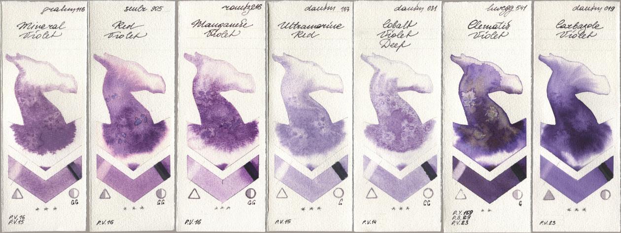 M. Graham & Co. Artists 116 Mineral Violet, Sennelier l Aquarelle 905 Red Violet, Roman Szmal Aquarius 216 Manganese Violet, Daniel Smith 107 Ultramarine Red, 031 Cobalt Violet Deep, Holbein Artists Watercolor 541 Clematis Violet, 019 Carbazole Viol watercolor swatch