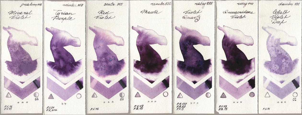 M. Graham & Co. Artists 116 Mineral Violet, Winsor & Newton Professional 419 Tyrian Purple, Sennelier l Aquarelle 905 Red Violet, Royal Talens Rembrandt Watercolour 532 Mauve, Rosa Gallery 785 Violet Quartz, 749 Quinacridone Violet, Daniel Smith 031 Cobalt Violet De watercolor swatch