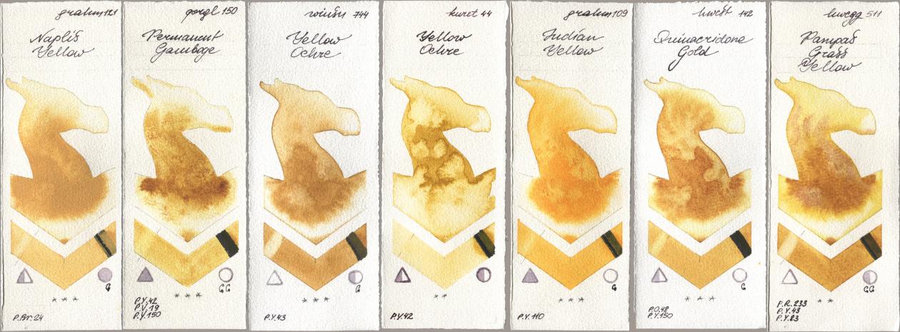 M. Graham & Co. Artists 121 Naples Yellow, Golden QOR 150 Permanent Gamboge, Winsor & Newton Professional 744 Yellow Ochre, Kuretake Gansai Tambi 044 Yellow Ochre, 109 Indian Yellow, Holbein Artists Watercolor 142 Quinacridone Gold, 511 Pampas Grass Yell watercolor swatch
