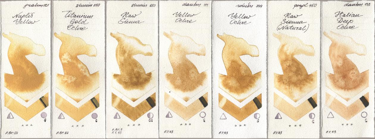 M. Graham & Co. Artists 121 Naples Yellow, Shminke Horadam Aquarell 659 Titanium Gold Ochre, 660 Raw Sienna, Daniel Smith 114 Yellow Ochre, Winsor & Newton Professional 744 Yellow Ochre, Golden QOR 450 Raw Sienna (Natural), 135 Italian Deep Och watercolor swatch