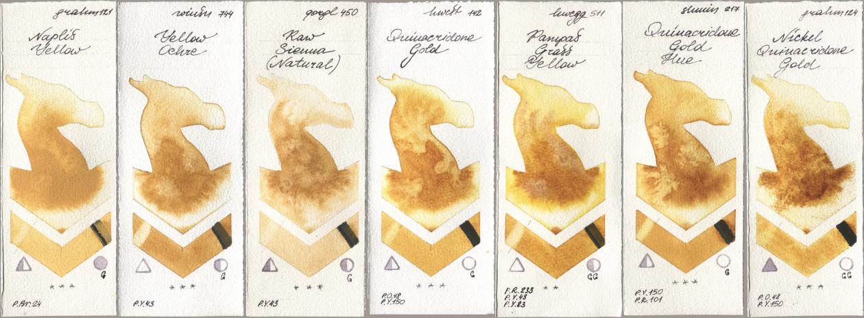 M. Graham & Co. Artists 121 Naples Yellow, Winsor & Newton Professional 744 Yellow Ochre, Golden QOR 450 Raw Sienna (Natural), Holbein Artists Watercolor 142 Quinacridone Gold, 511 Pampas Grass Yellow, Shminke Horadam Aquarell 217 Quinacridone Gold Hue, 124 Nickel Quinacridone Go watercolor swatch