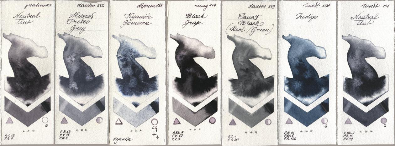 M. Graham & Co. Artists 122 Neutral Tint, Daniel Smith 242 Alvaros Fresco Grey, 186 Kyanite Genuine, Rosa Gallery 747 Black Grape, 249 Janes Black (Red/Green), Holbein Artists Watercolor 098 Indigo, 157 Neutral Ti watercolor swatch