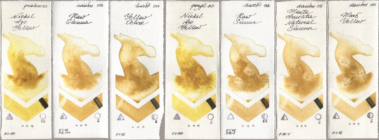 M. Graham & Co. Artists 123 Nickel Azo Yellow, Winsor & Newton Professional 552 Raw Sienna, Holbein Artists Watercolor 034 Yellow Ochre, Golden QOR 140 Nickel Azo Yellow, 132 Raw Sienna, Daniel Smith 056 Monte Amiata Natural Sienna, 054 Mars Yell watercolor swatch