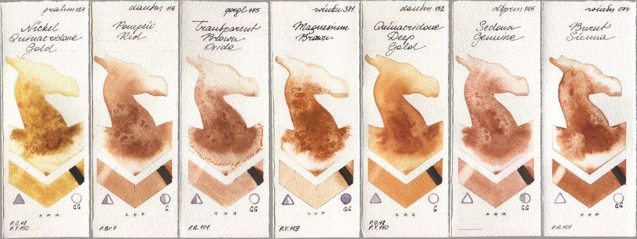 M. Graham & Co. Artists 124 Nickel Quinacridone Gold, Daniel Smith 116 Pompeii Red, Golden QOR 475 Transparent Brown Oxide, Winsor & Newton Professional 381 Magnesuim Brown, 152 Quinacridone Deep Gold, 145 Sedona Genuine, 074 Burnt Sien watercolor swatch