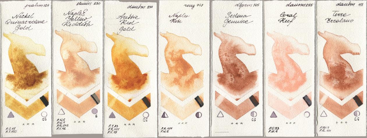 M. Graham & Co. Artists 124 Nickel Quinacridone Gold, Shminke Horadam Aquarell 230 Naples Yellow Reddish, Daniel Smith 234 Aussie Red Gold, Rosa Gallery 748 Naples Rose, 145 Sedona Genuine, 255 Coral Reef, 117 Terre Ercola watercolor swatch