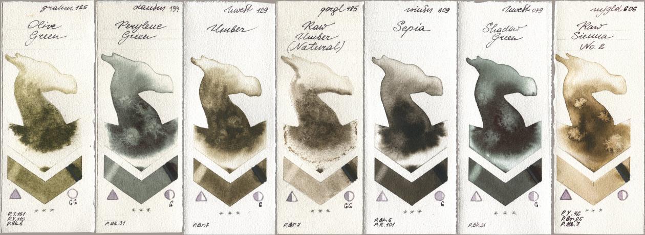 M. Graham & Co. Artists 125 Olive Green, Daniel Smith 194 Perylene Green, Holbein Artists Watercolor 129 Umber, Golden QOR 485 Raw Umber (Natural), Winsor & Newton Professional 609 Sepia, 079 Shadow Green, Mijello Mission Gold 606 Raw Sienna No watercolor swatch