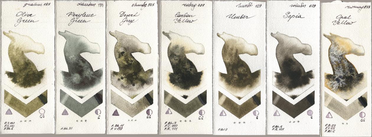 M. Graham & Co. Artists 125 Olive Green, Daniel Smith 194 Perylene Green, Shminke Horadam Aquarell 925 Desert Grey, Rosa Gallery 788 Carbon Yellow, Holbein Artists Watercolor 129 Umber, Winsor & Newton Professional 609 Sepia, Rockwell 233 Opal Yell watercolor swatch