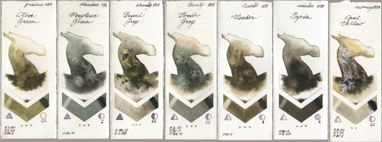 M. Graham & Co. Artists 125 Olive Green, Daniel Smith 194 Perylene Green, Shminke Horadam Aquarell 925 Desert Grey, 945 Forest Grey, Holbein Artists Watercolor 129 Umber, Winsor & Newton Professional 609 Sepia, Rockwell 233 Opal Yell watercolor swatch