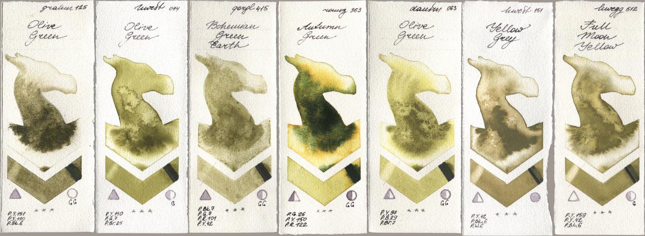 M. Graham & Co. Artists 125 Olive Green, Holbein Artists Watercolor 074 Olive Green, Golden QOR 415 Bohemian Green Earth, Roman Szmal Aquarius 363 Autumn Green, Daniel Smith 063 Olive Green, 151 Yellow Grey, 512 Full Moon Yell watercolor swatch