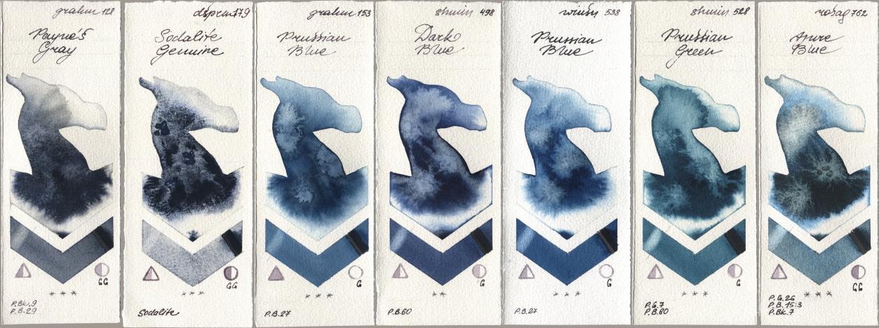 M. Graham & Co. Artists 128 Payne’s Gray, Daniel Smith 179 Sodalite Genuine, 153 Prussian Blue, Shminke Horadam Aquarell 498 Dark Blue, Winsor & Newton Professional 538 Prussian Blue, 528 Prussian Green, Rosa Gallery 762 Azure Bl watercolor swatch