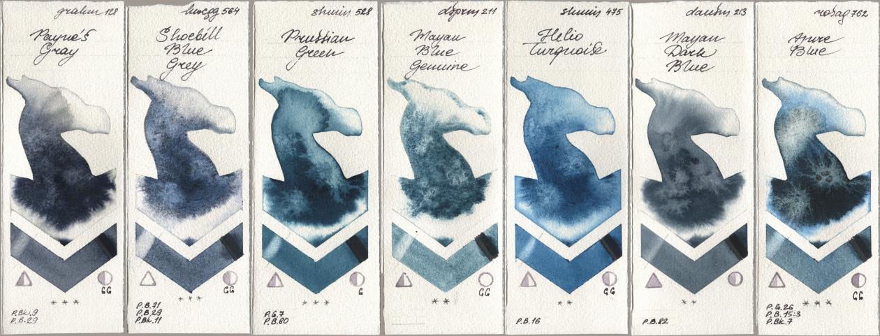 M. Graham & Co. Artists 128 Payne’s Gray, Holbein Artists Watercolor 564 Shoebill Blue Grey, Shminke Horadam Aquarell 528 Prussian Green, Daniel Smith 211 Mayan Blue Genuine, 475 Helio Turquoise, 213 Mayan Dark Blue, Rosa Gallery 762 Azure Bl watercolor swatch