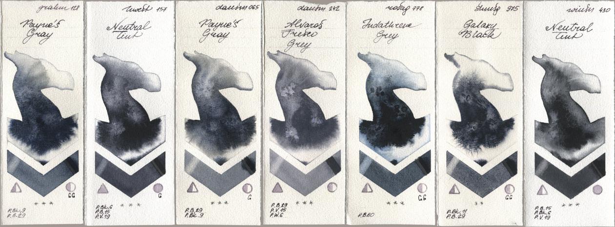 M. Graham & Co. Artists 128 Payne’s Gray, Holbein Artists Watercolor 157 Neutral Tint, Daniel Smith 065 Paynes Gray, 242 Alvaros Fresco Grey, Rosa Gallery 778 Indanthrene Grey, Shminke Horadam Aquarell 975 Galaxy Black, Winsor & Newton Professional 430 Neutral Ti watercolor swatch