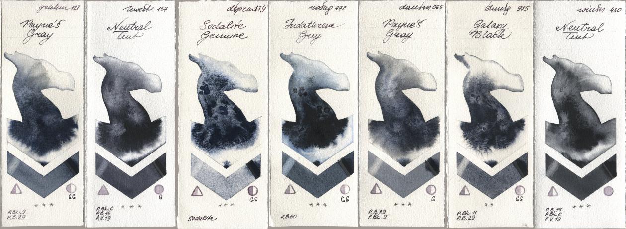 M. Graham & Co. Artists 128 Payne’s Gray, Holbein Artists Watercolor 157 Neutral Tint, Daniel Smith 179 Sodalite Genuine, Rosa Gallery 778 Indanthrene Grey, 065 Paynes Gray, Shminke Horadam Aquarell 975 Galaxy Black, Winsor & Newton Professional 430 Neutral Ti watercolor swatch