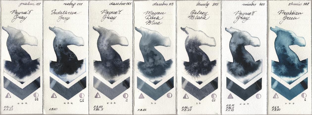 M. Graham & Co. Artists 128 Payne’s Gray, Rosa Gallery 778 Indanthrene Grey, Daniel Smith 065 Paynes Gray, 213 Mayan Dark Blue, Shminke Horadam Aquarell 975 Galaxy Black, Winsor & Newton Professional 465 Paynes Gray, 528 Prussian Gre watercolor swatch