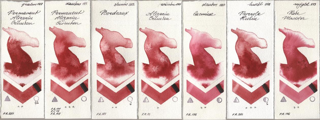 M. Graham & Co. Artists 129 Permanent Alizarin Crimson, Daniel Smith 185 Permanent Alizarin Crimson, Shminke Horadam Aquarell 362 Bordeaux, Winsor & Newton Professional 004 Alizarin Crimson, 020 Carmine, Holbein Artists Watercolor 006 Pyrrole Rubin, Mijello Mission Gold 513 Rose Madd watercolor swatch