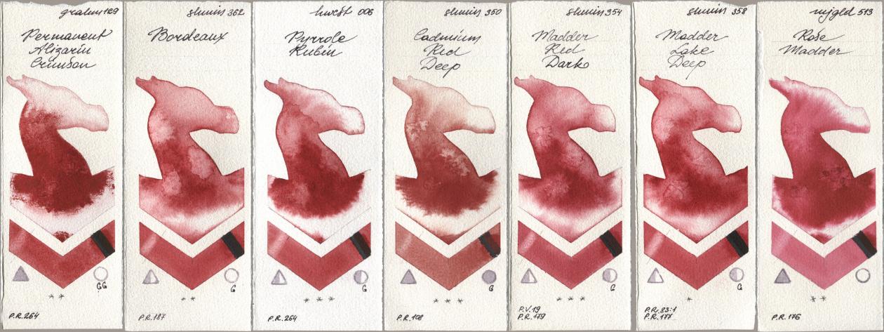 M. Graham & Co. Artists 129 Permanent Alizarin Crimson, Shminke Horadam Aquarell 362 Bordeaux, Holbein Artists Watercolor 006 Pyrrole Rubin, 350 Cadmium Red Deep, 354 Madder Red Dark, 358 Madder Lake Deep, Mijello Mission Gold 513 Rose Madd watercolor swatch