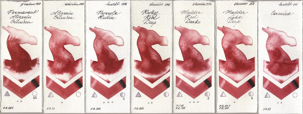 M. Graham & Co. Artists 129 Permanent Alizarin Crimson, Winsor & Newton Professional 004 Alizarin Crimson, Holbein Artists Watercolor 006 Pyrrole Rubin, Shminke Horadam Aquarell 346 Ruby Red Deep, 354 Madder Red Dark, 358 Madder Lake Deep, 011 Carmi watercolor swatch
