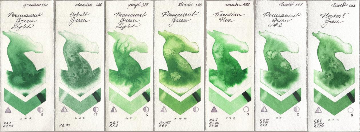 M. Graham & Co. Artists 130 Permanent Green Light, Daniel Smith 026 Cobalt Green, Golden QOR 385 Permanent Green Light, Shminke Horadam Aquarell 526 Permanent Green, Winsor & Newton Professional 696 Viridian Hue, Holbein Artists Watercolor 067 Permanent Green No 2, 062 Hookers Gre watercolor swatch