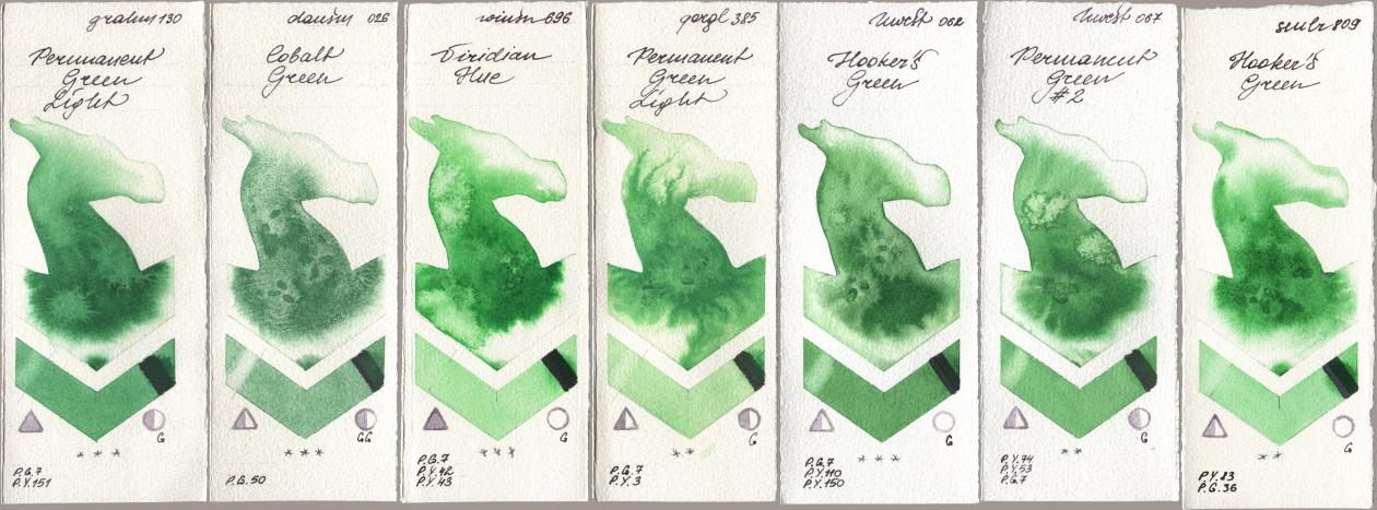 M. Graham & Co. Artists 130 Permanent Green Light, Daniel Smith 026 Cobalt Green, Winsor & Newton Professional 696 Viridian Hue, Golden QOR 385 Permanent Green Light, Holbein Artists Watercolor 062 Hookers Green, 067 Permanent Green No 2, Sennelier l Aquarelle 809 Hookers Gre watercolor swatch