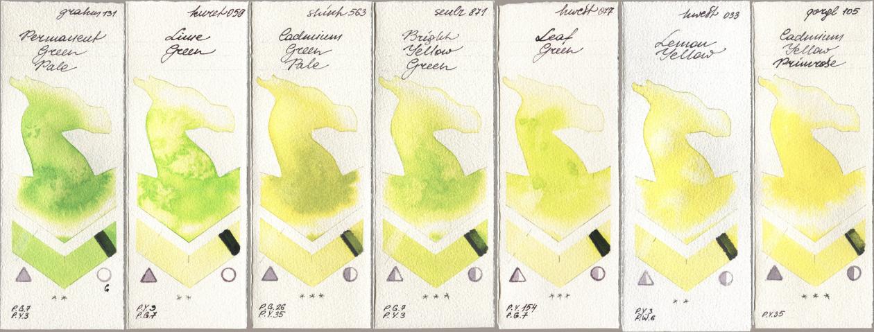 M. Graham & Co. Artists 131 Permanent Green Pale, Kuretake Gansai Tambi 059 Lime Green, Shinhan PWC 563 Cadmium Green Pale, Sennelier l Aquarelle 871 Bright Yellow Green, Holbein Artists Watercolor 077 Leaf Green, 033 Lemon Yellow, Golden QOR 105 Cadmium Yellow Primro watercolor swatch