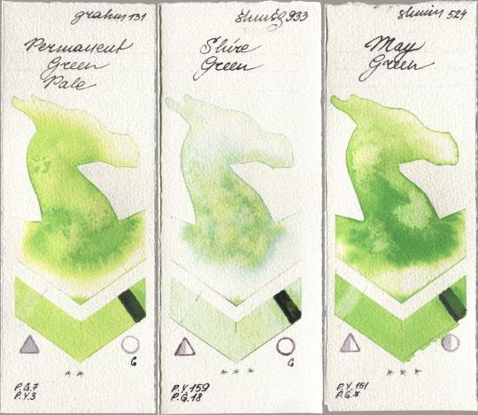 M. Graham & Co. Artists 131 Permanent Green Pale, Shminke Horadam Aquarell 933 Shire Green, 524 May Gre watercolor swatch