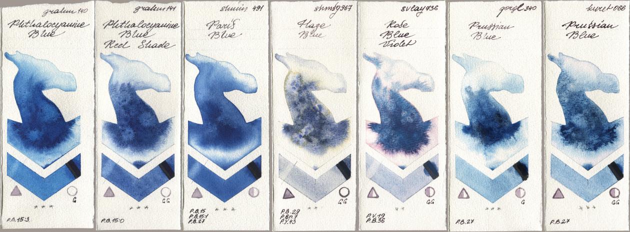 M. Graham & Co. Artists 140 Phthalocyanine Blue, 141 Phthalocyanine Blue Red Shade, Shminke Horadam Aquarell 491 Paris Blue, 967 Haze Blue, SuperVision 736 Rose Blue Violet, Golden QOR 340 Prussian Blue, Kuretake Gansai Tambi 066 Prussian Bl watercolor swatch