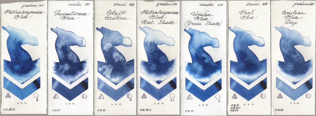M. Graham & Co. Artists 140 Phthalocyanine Blue, Winsor & Newton Professional 321 Indanthrene Blue, Shminke Horadam Aquarell 499 Cobalt Cerulean, 141 Phthalocyanine Blue Red Shade, 707 Winsor Blue (Green Shade), 491 Paris Blue, 081 Cerulean Blue De watercolor swatch