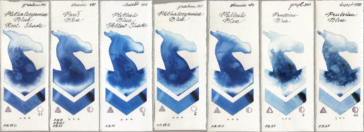 M. Graham & Co. Artists 141 Phthalocyanine Blue Red Shade, Shminke Horadam Aquarell 491 Paris Blue, Holbein Artists Watercolor 107 Phthalo Blue Yellow Shade, 140 Phthalocyanine Blue, 484 Phthalo Blue, Golden QOR 340 Prussian Blue, Kuretake Gansai Tambi 066 Prussian Bl watercolor swatch