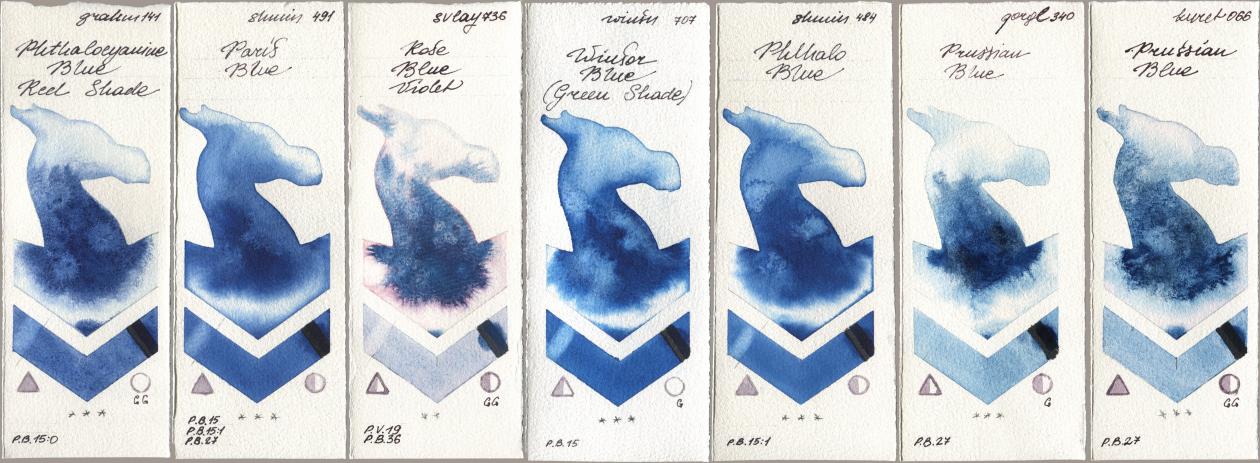 M. Graham & Co. Artists 141 Phthalocyanine Blue Red Shade, Shminke Horadam Aquarell 491 Paris Blue, SuperVision 736 Rose Blue Violet, Winsor & Newton Professional 707 Winsor Blue (Green Shade), 484 Phthalo Blue, Golden QOR 340 Prussian Blue, Kuretake Gansai Tambi 066 Prussian Bl watercolor swatch