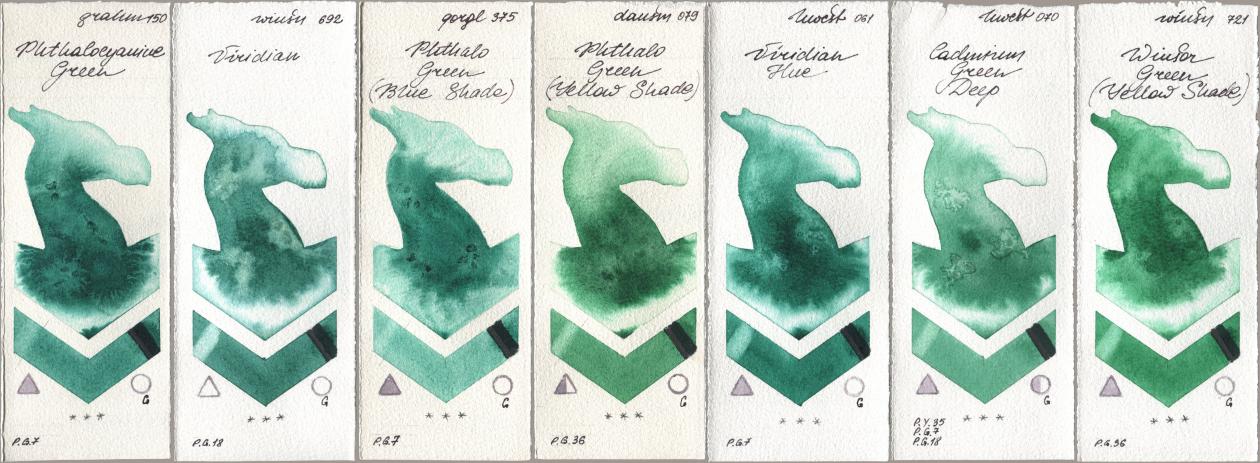 M. Graham & Co. Artists 150 Phthalocyanine Green, Winsor & Newton Professional 692 Viridian, Golden QOR 375 Phthalo Green (Blue Shade), Daniel Smith 079 Phthalo Green (Yellow Shade), Holbein Artists Watercolor 061 Virdian Hue, 070 Cadmium Green Deep, 721 Winsor Green (Yellow shad watercolor swatch