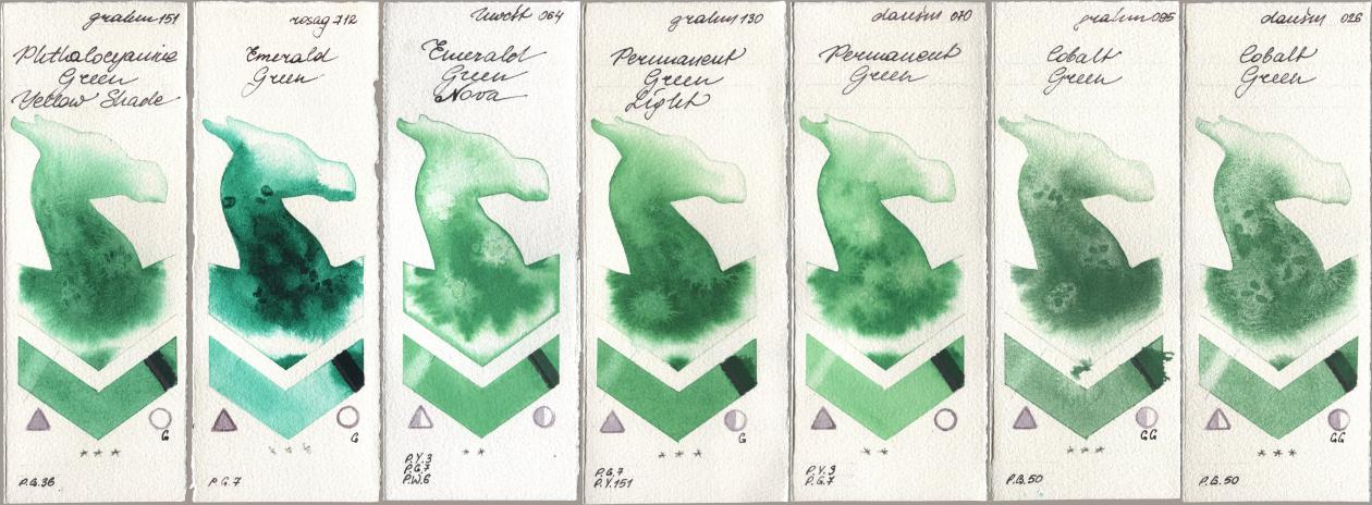 M. Graham & Co. Artists 151 Phthalocyanine Green Yellow Shade, Rosa Gallery 712 Emerald Green, Holbein Artists Watercolor 064 Emerald Green Nova, 130 Permanent Green Light, Daniel Smith 070 Permanent Green, 095 Cobalt Green, 026 Cobalt Gre watercolor swatch