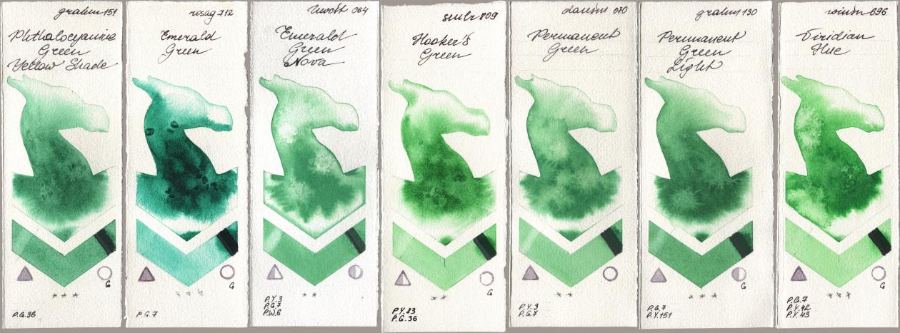 M. Graham & Co. Artists 151 Phthalocyanine Green Yellow Shade, Rosa Gallery 712 Emerald Green, Holbein Artists Watercolor 064 Emerald Green Nova, Sennelier l Aquarelle 809 Hookers Green, Daniel Smith 070 Permanent Green, 130 Permanent Green Light, Winsor & Newton Professional 696 Viridian H watercolor swatch