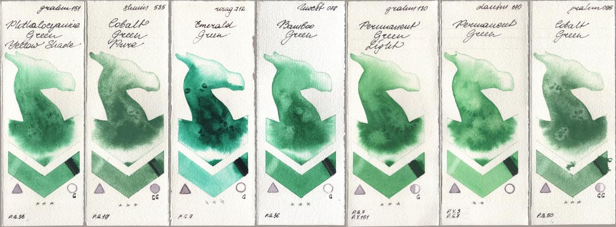 M. Graham & Co. Artists 151 Phthalocyanine Green Yellow Shade, Shminke Horadam Aquarell 535 Cobalt Green Pure, Rosa Gallery 712 Emerald Green, Holbein Artists Watercolor 078 Bamboo Green, 130 Permanent Green Light, Daniel Smith 070 Permanent Green, 095 Cobalt Gre watercolor swatch