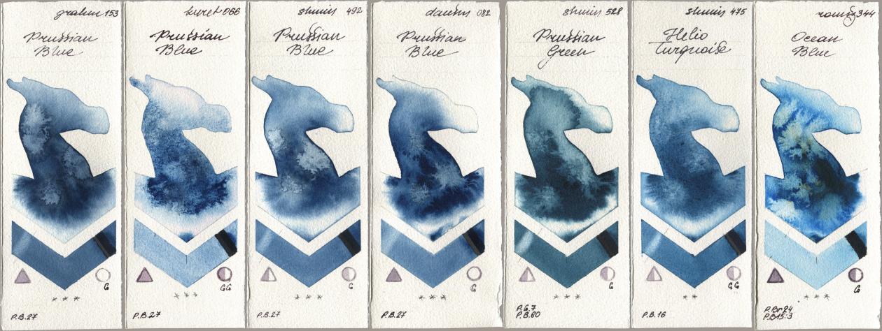 M. Graham & Co. Artists 153 Prussian Blue, Kuretake Gansai Tambi 066 Prussian Blue, Shminke Horadam Aquarell 492 Prussian Blue, Daniel Smith 082 Prussian Blue, 528 Prussian Green, 475 Helio Turquoise, Roman Szmal Aquarius 344 Ocean Bl watercolor swatch