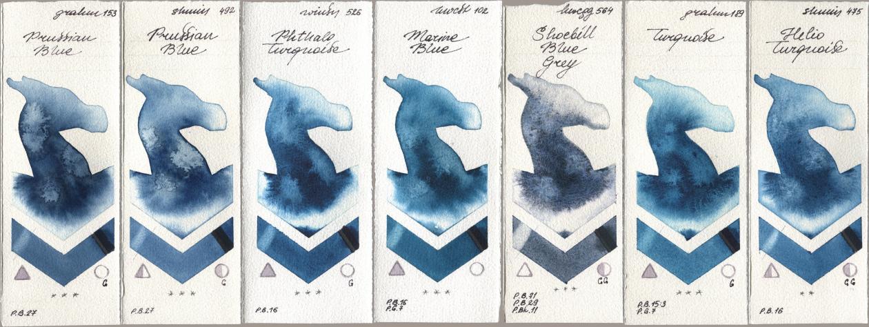 M. Graham & Co. Artists 153 Prussian Blue, Shminke Horadam Aquarell 492 Prussian Blue, Winsor & Newton Professional 526 Phthalo Turquoise, Holbein Artists Watercolor 102 Marine Blue, 564 Shoebill Blue Grey, 189 Turquoise, 475 Helio Turquoi watercolor swatch