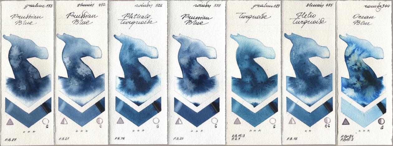 M. Graham & Co. Artists 153 Prussian Blue, Shminke Horadam Aquarell 492 Prussian Blue, Winsor & Newton Professional 526 Phthalo Turquoise, 538 Prussian Blue, 189 Turquoise, 475 Helio Turquoise, Roman Szmal Aquarius 344 Ocean Bl watercolor swatch